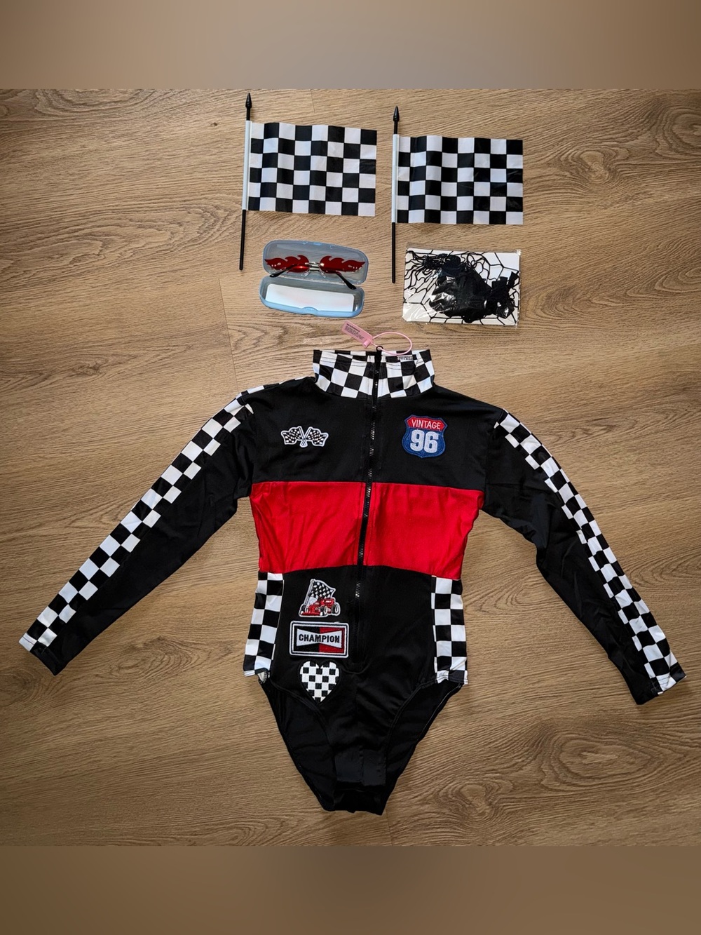 car racing costume checkered bodysuit with flame sunglasses